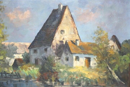 Ölgemälde Haus am See unleserlich Signiert / Rückseitig Stempel Malkasten - Bild 4 von 9