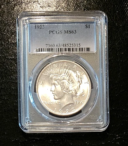 Spectacular 1923 Peace Silver Dollar, Slabbed PCGS MS 63, Frosty Mirror-Like!