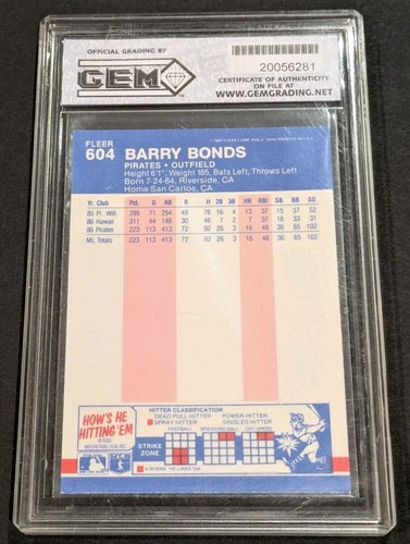 1987 Fleer Barry Bonds Rookie RC GEM Grading Inc 10 GIOCHI PREZIOSI COME NUOVI #604 Pirati - Foto 3 di 3