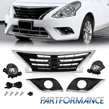 Front Upper Grille & Fog Lights Set Fit Nissan Versa 2015-2018 2019 Sedan 5PCS