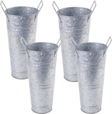 ZOOFOX Set of 4 Galvanized Metal Vases, 9" Farmhouse French Bucket Silver 