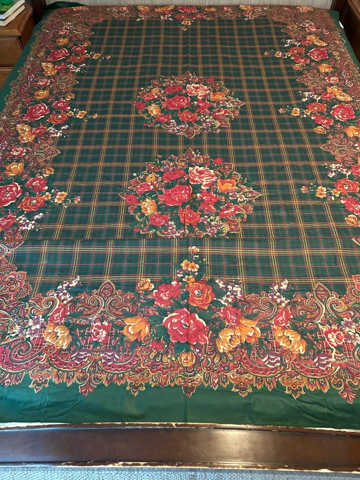 Charter Club 100% Cotton Tablecloth 62"x120" Rectangular Floral Green Red Check - Image 4 of 4