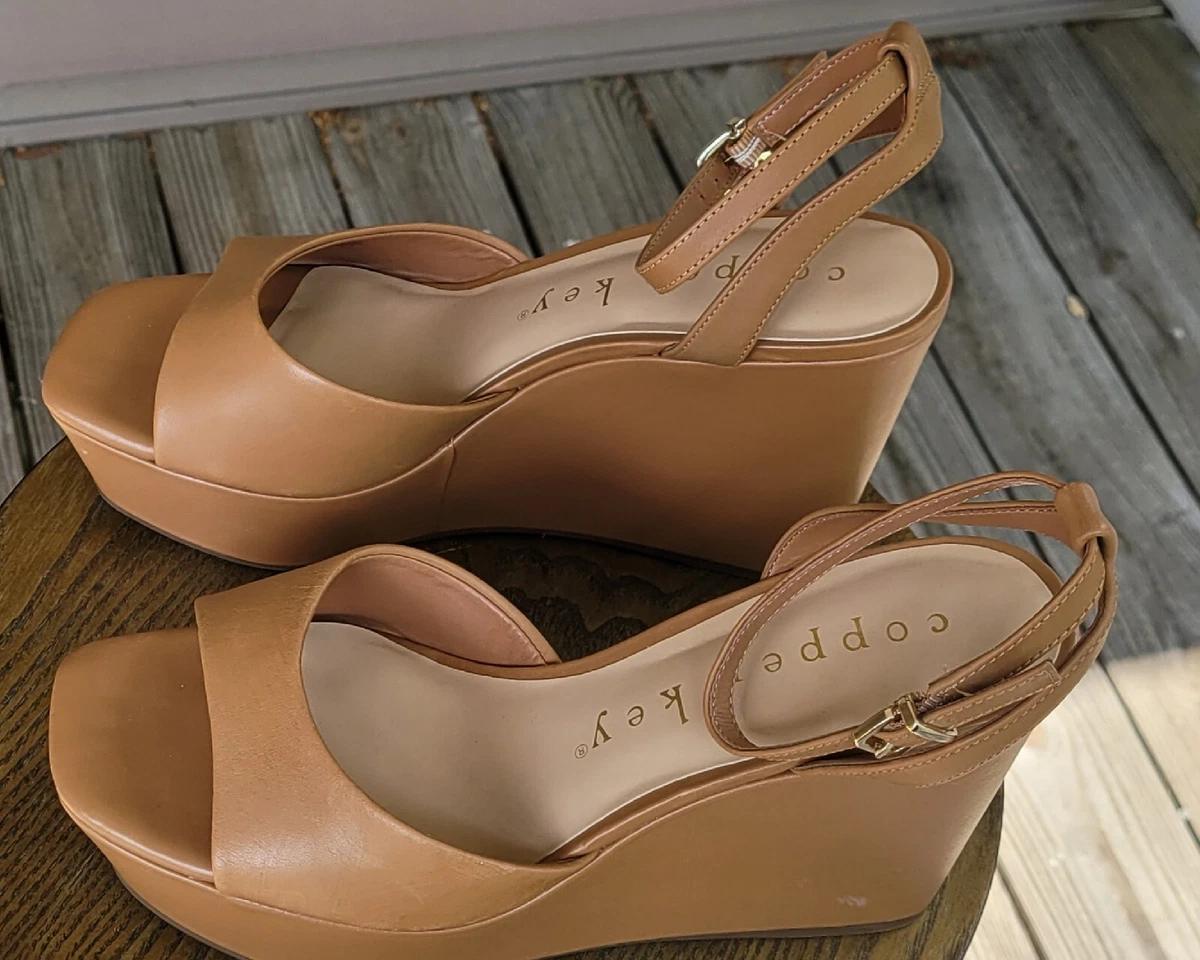 Copper Key Women s Platform Wedge Tan Leather Ankle Strap Sandals 11M