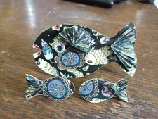 Artisan Handmade Fun And Funky Mixed Media Collage Pin Brooch+Earrings FISH SET