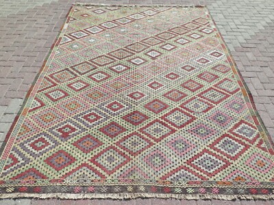 Vintage Turkish Area Rugs Embroidery Kilim Floor Wool Rug Large Kelim 88''x123''