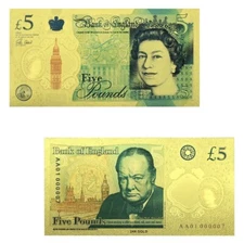 £5 Pound Queen Elizabeth Gold Foil Banknotes England Gift Winston Churchill UK