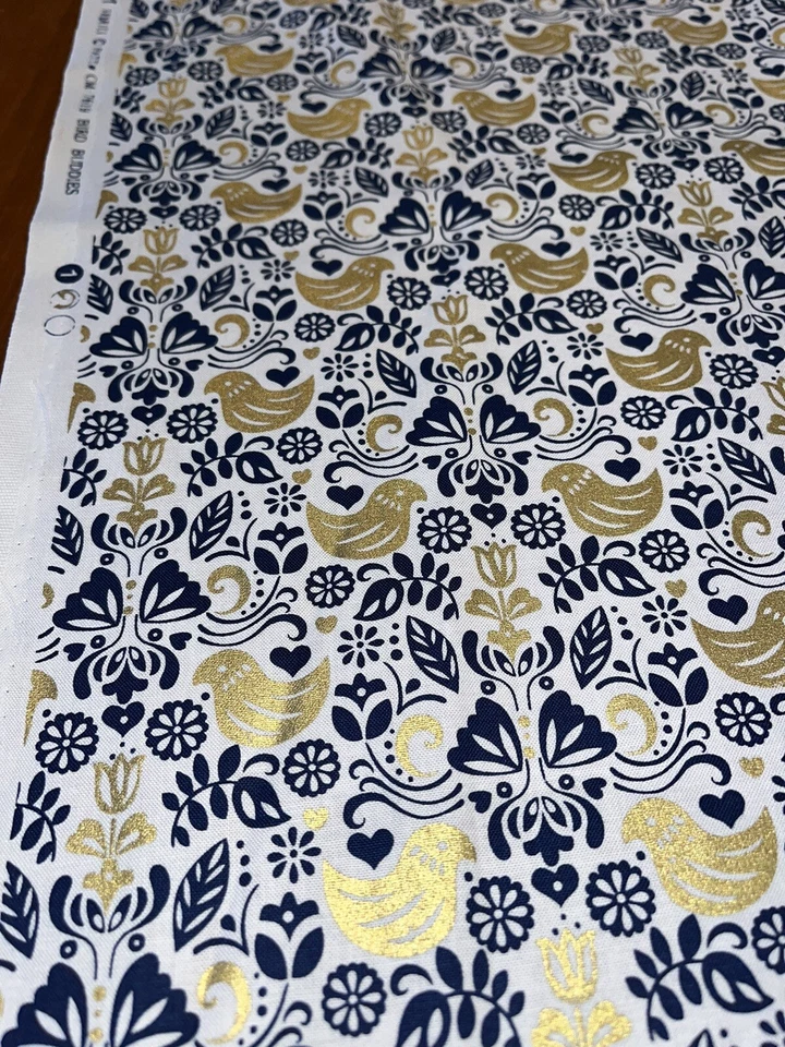 4.5 Yds Michael Miller Bird Buddies Navy Metallic Gold Fabric - Image 4 of 4