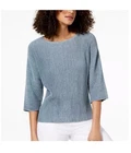 Eileen Fisher Hemp Shimmer Bateau Neck Top Blue Steel S Metallic Sheer NWT