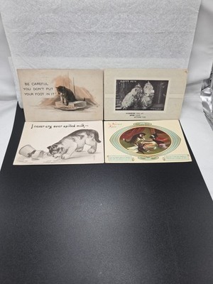 Antique Cats Kittens Fishing Gold Fish Lucky Novelty Black White 4 Postcards
