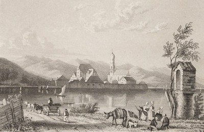 Bodensee mit Blick auf Wasserburg, Stahlstich Romantik Unbekannt (19.Jhd)