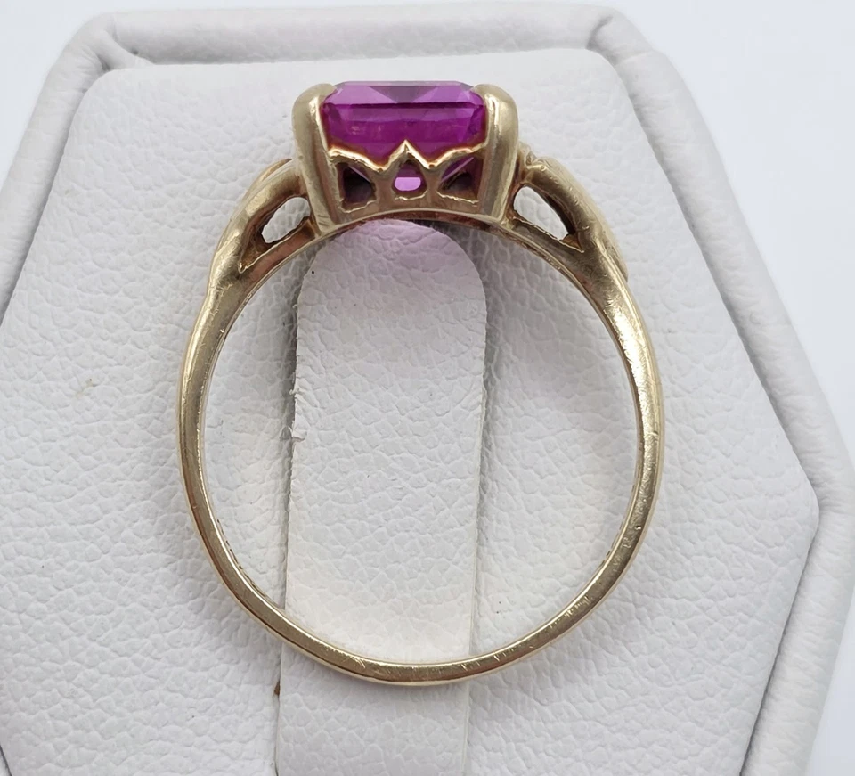 Anillo Vintage Abedules Oro 10k Zafiro Rosa Corte Esmeralda Art Deco Antiguo Talla 6.25 Foto 4 de 4