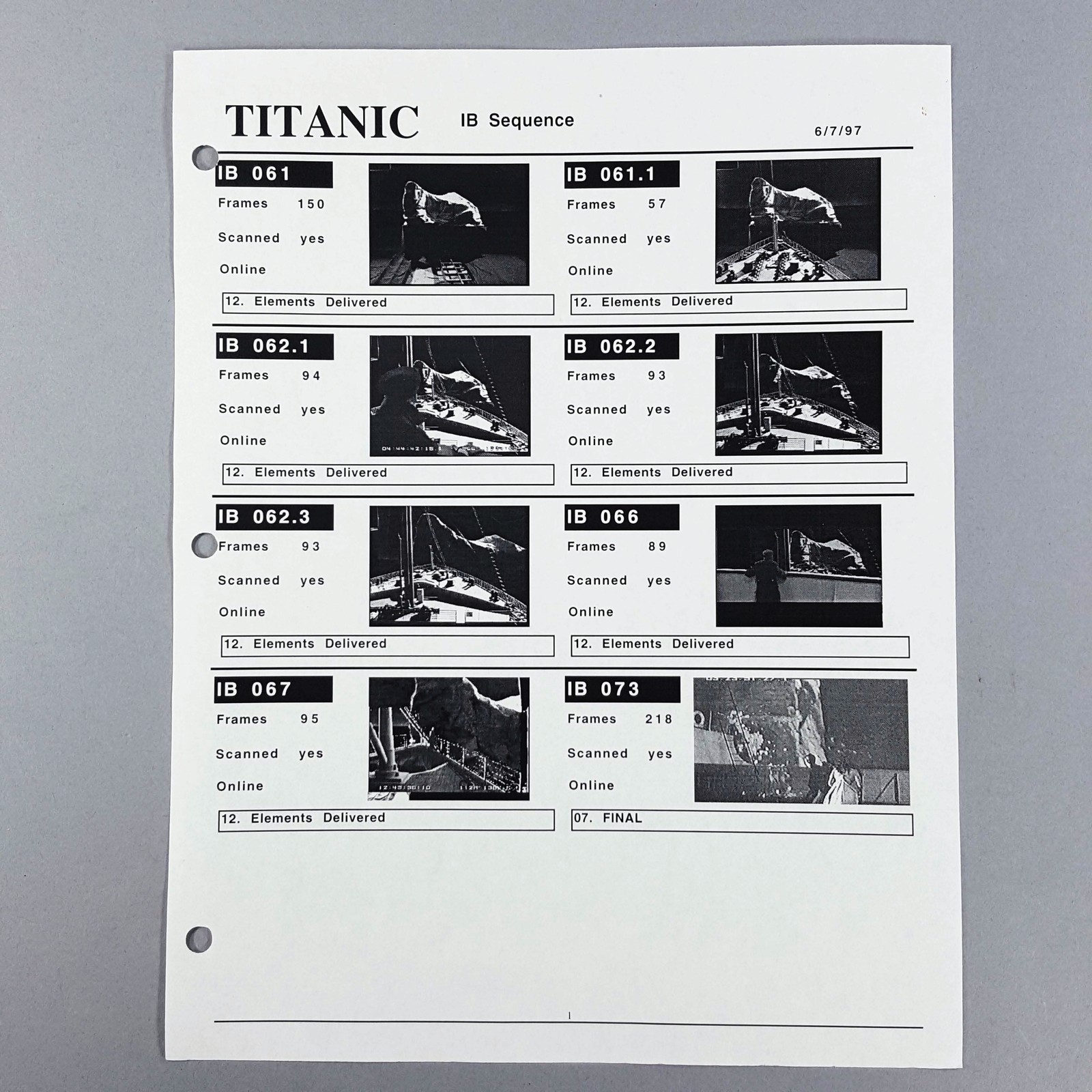 Titanic IB Sequence VFX Shot Tracker Report Iceberg Collision Original COA