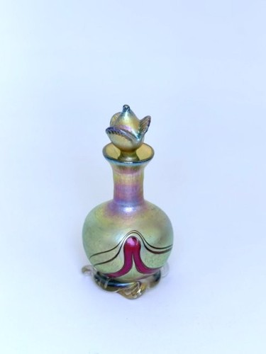 Gold Luster Perfume Bottle with Red Wave Design . Blown Glass