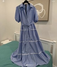 Women's Blue Solid Maxi Dress Collared Short Puff Sleeve Belted Lace Tie XL