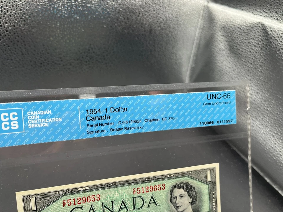 1954 Bank of Canada $1 Modified Bank Note CCCS Graded GEM UNC-66 SN# CF5129653 - Image 3 of 4