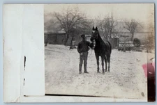 c1910's Man With Horse On Winter Scene RPPC Photo Unposted Antique Postcard
