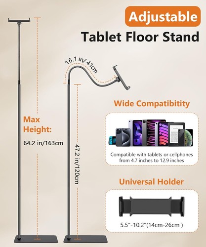 iPad Floor Stand, Adjustable Height Tablet Stand with Flexible Black - Photo 5/9