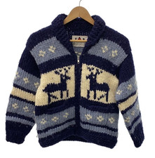 Vintage FAB Cowichan Wool Zip Sweater Deer Moose Navy Light Blue Hand Knit CA S