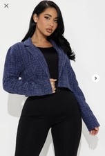 Fashion Nova Cropped Jacket Tweed Blazer Blue Sparkly Textured Open Front Sz 2X