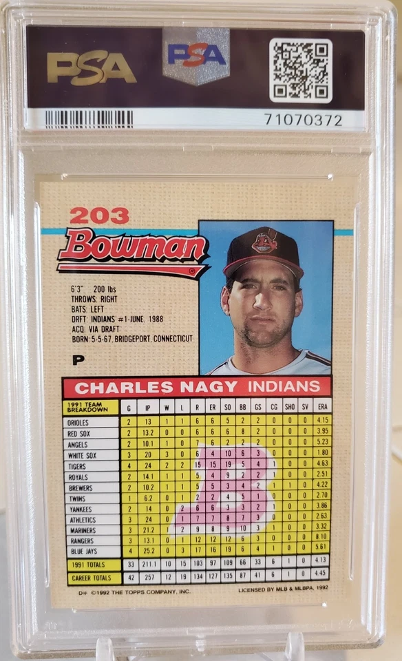 Tarjeta de radiocontrol autógrafa Bowman 2019 Topps Archives Auto Charles Nagy #/20 1992 PSA 9 Foto 3 de 3
