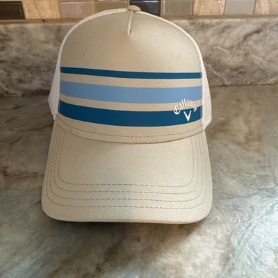 Callaway Golf Hat L/XL FlexFit Beige Blue Striped Fitted Cap Mesh Back New