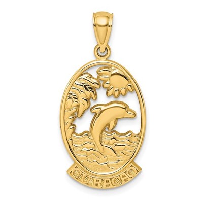 14k Gelbgold Curacao Anhänger Delfin Palme Sonne Wellen Ozean Reise Charm