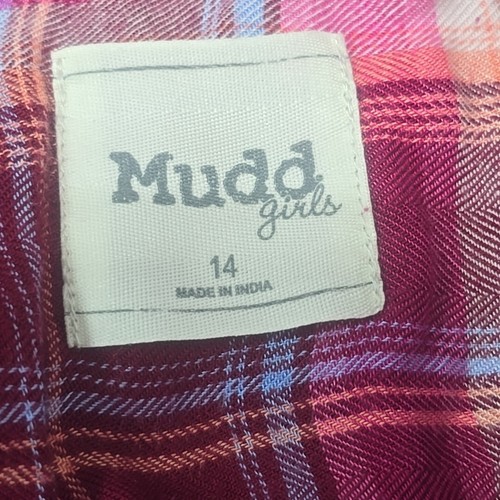 Mudd Girls 14 Flannel Shirt 1/4 Button Burgundy Mauve Blue Plaid Pockets LS - Picture 5 of 7