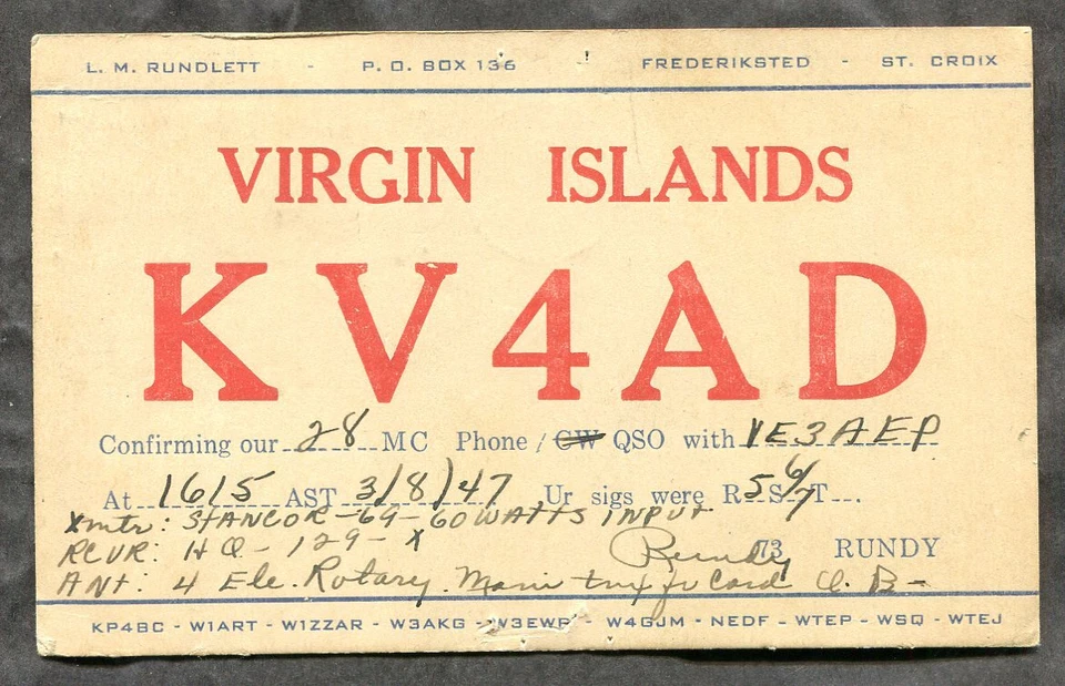 USA Virgin Islands 1947 QSL Radio Card KV4AD. FREDERIKSTED to Canada - Image 2 of 3