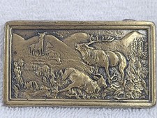 Elk Bergamot Brass Belt Buckle 1977 Wildlife Scene Rectangular 3.5" Vtg 3278
