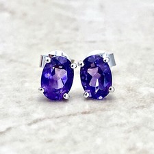 14K Oval Amethyst Stud Earrings - Solid 14K White Gold Amethyst Earrings