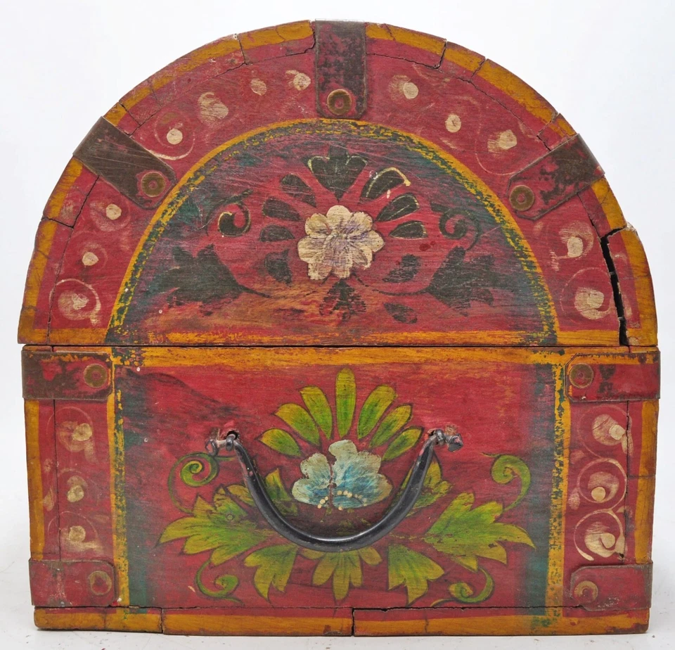 Caja de almacenamiento grande media redonda de madera vintage original hecha a mano pintada finamente Foto 4 de 4