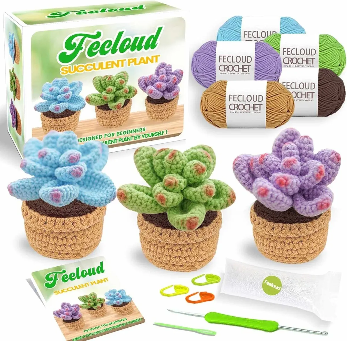 FECLOUD Crochet Knitting Kit for Beginners - 3Pcs Succulents