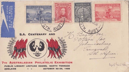 Stamps 1/- ANZAC on 7th Australiasian Philatelic Exhibition 1936 souvenir cover