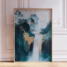 Green and Gold Waterfall Japandi Wall Art Print