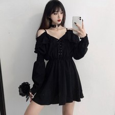 Abito Corto Donna Maniche Lunghe Spalline Vita Elastica Sexy Gotico Punk Nero