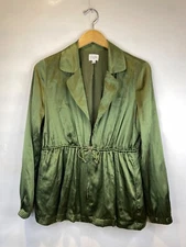 Cami NYC Utility Jacket Green Silk Collared  100% Silk Cinched Waist Size Small