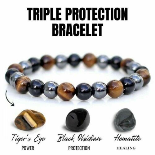 Obsidian Tiger Eye Hematite Bracelet Triple Protection Bangle Womens Men Jewelry - Picture 1 of 5