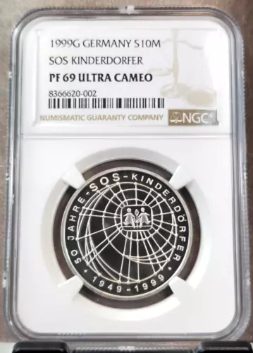 1999 GERMANY SILVER 10 MARK SOS KINDERDORFER NGC PF 69 ULTRA CAMEO RARE TOP POP
