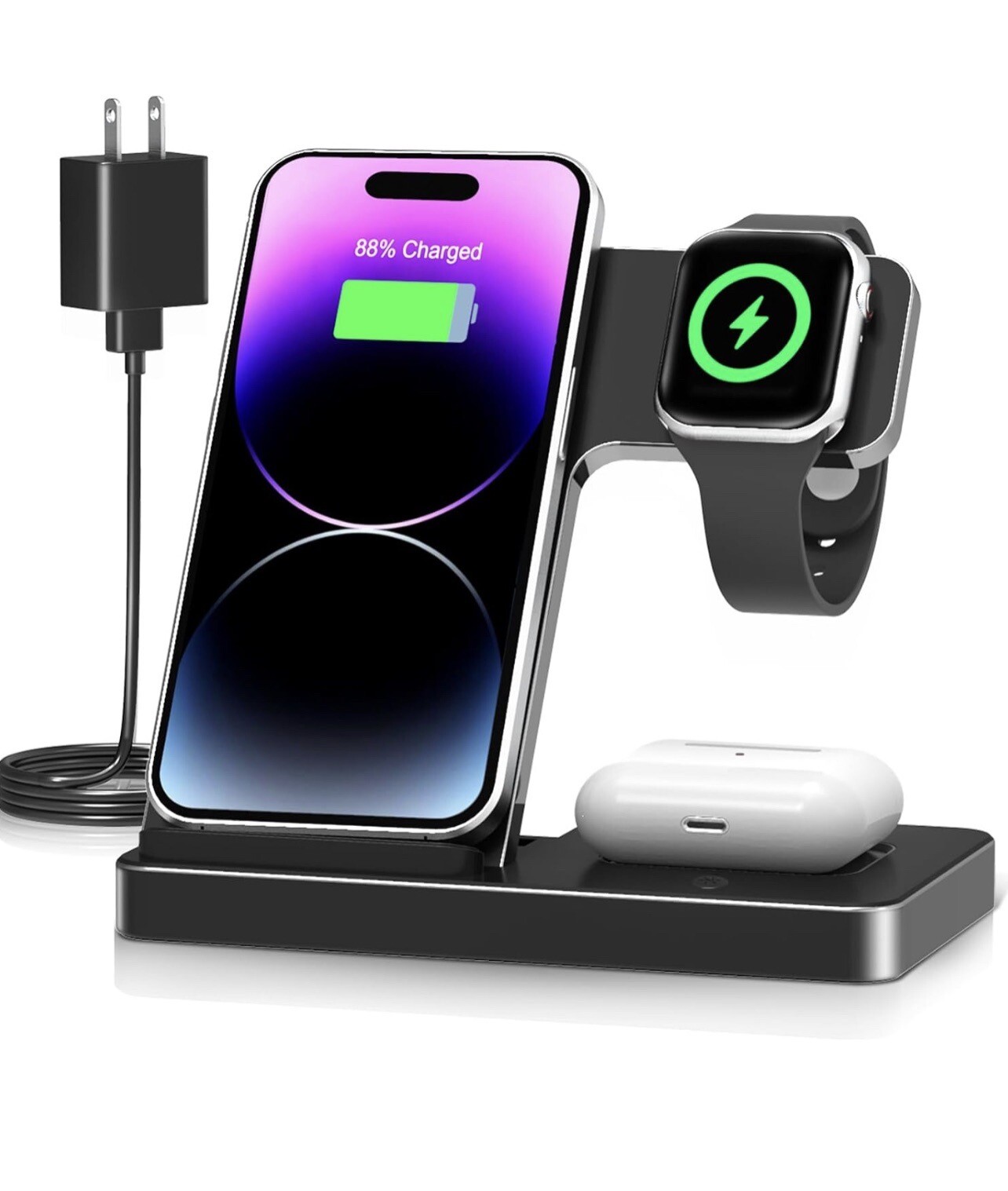 Wireless Charger Station 3 In 1 for iPhone AirPods and Apple Watch Fast Charging Pad Compatible with All Qi Enabled Devices-image