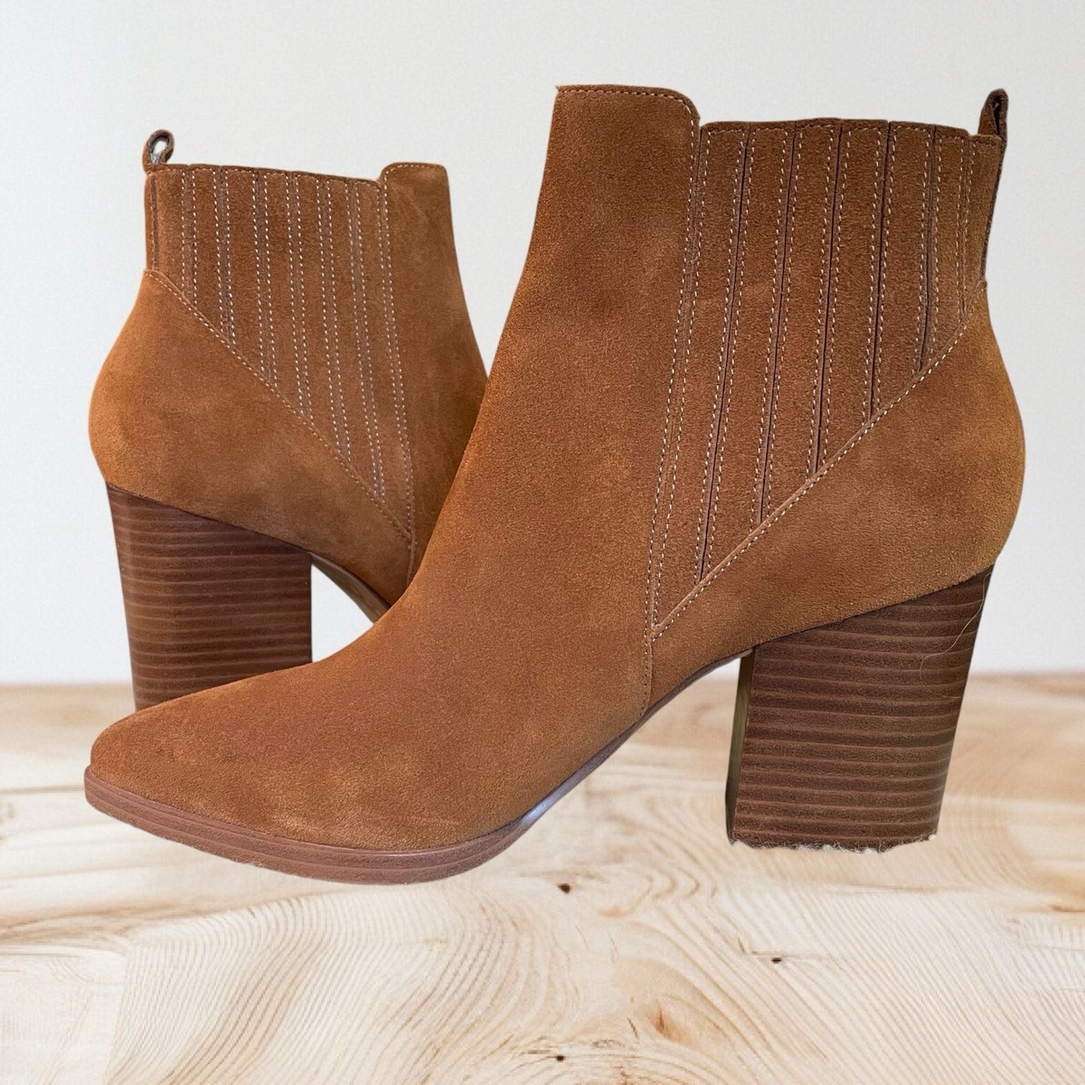 Marc Fisher Alva Booties NEW Suede Leather Womens Size 10 M Cognac Stacked  Heel