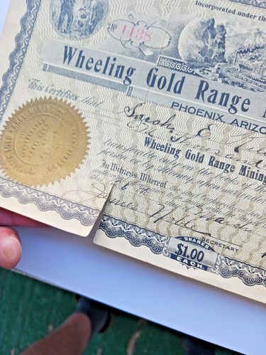 ~Wheeling Gold Mining Company 1912 Stock Certificate – Phoenix Arizona~ - Picture 7 of 8