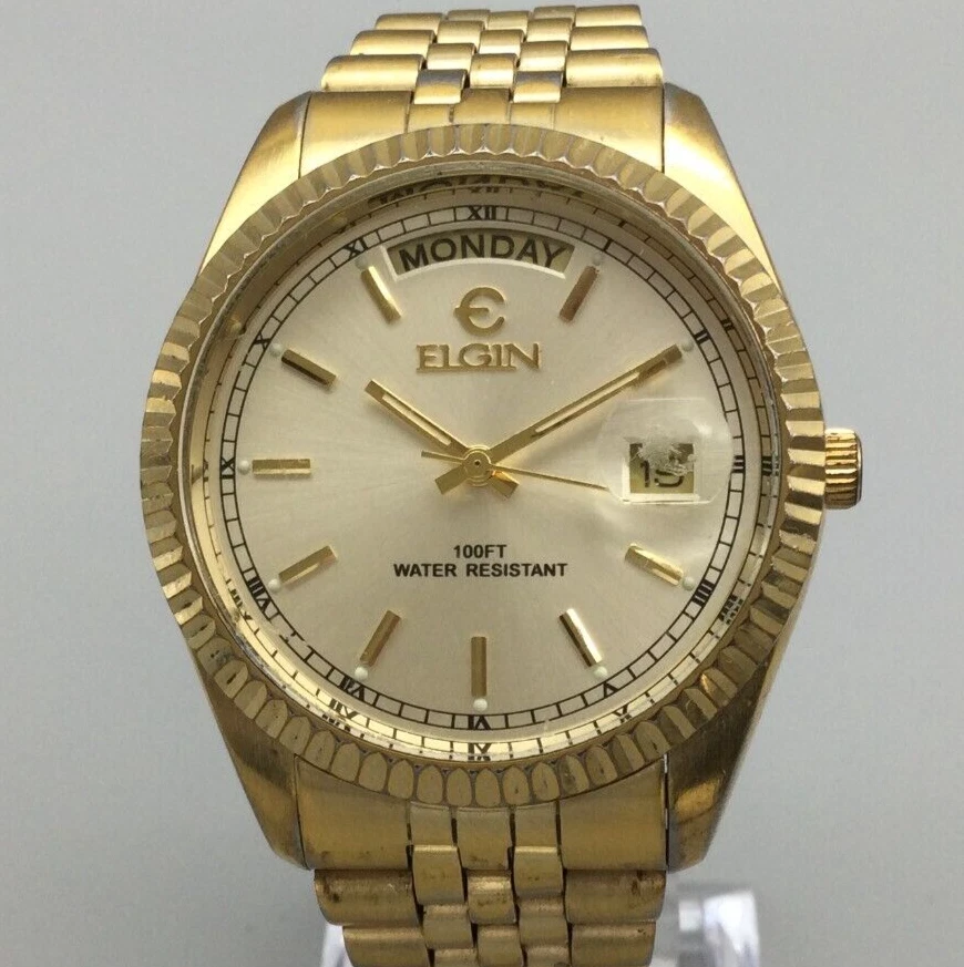 Elgin Watch Men Gold Tone Day Date 37mm New Battery 6.75