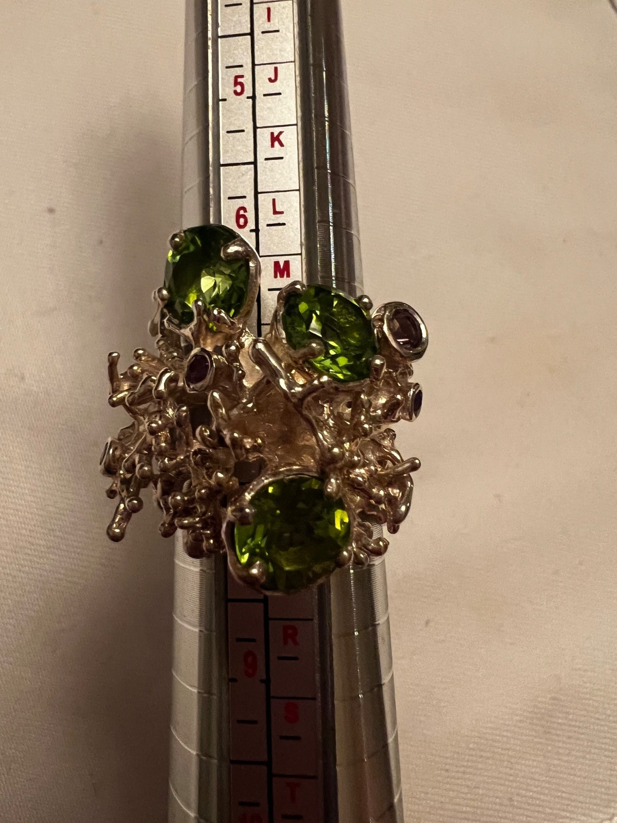Silver Statement Ring with Peridot & Amethyst Col… - image 1