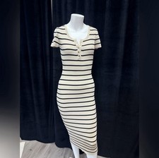Love Tree Ribbed Beige Striped Button Fitted Short Sleeve Midi Dress