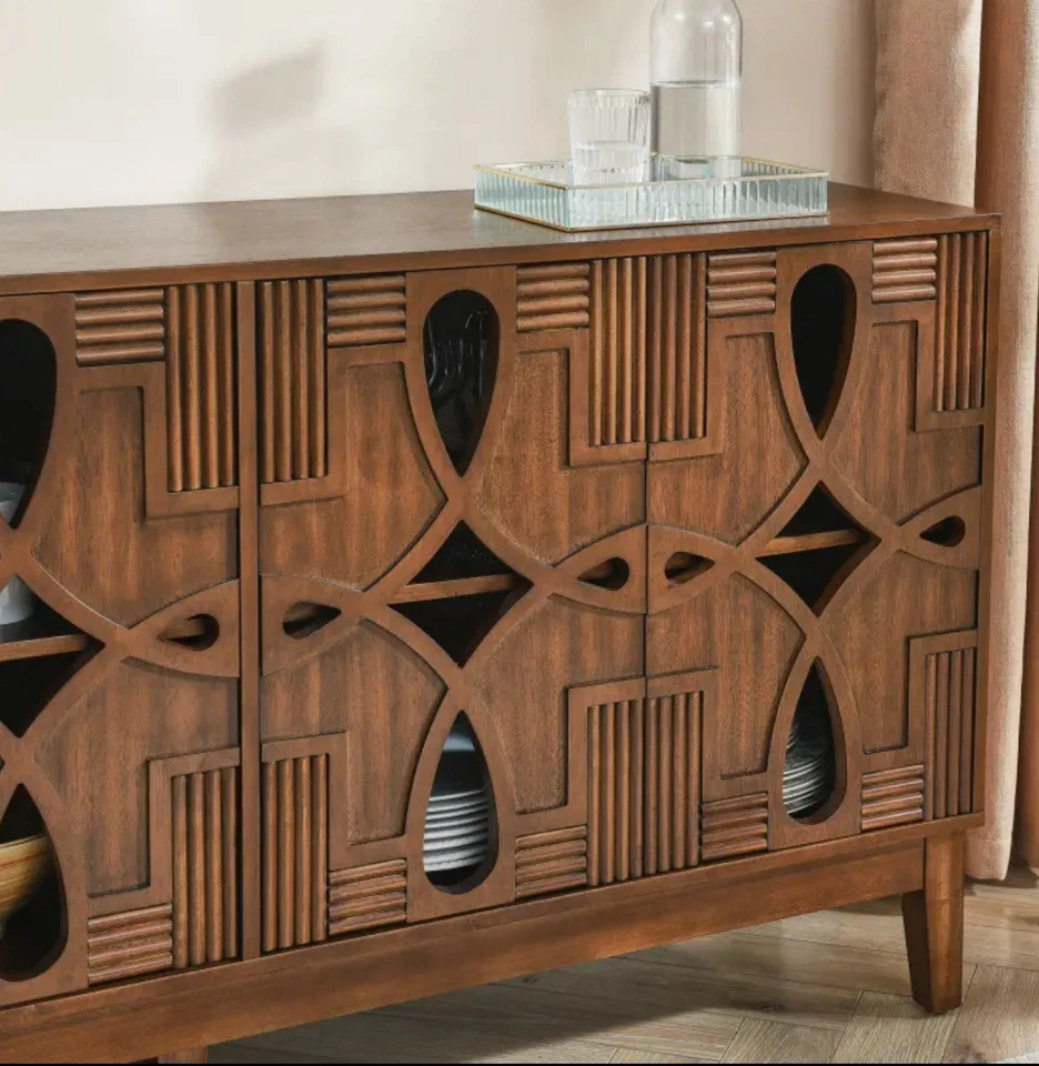 Aparador Mid-Century de madera dura de nogal|Buffet|Almacenamiento de 4 puertas|Estantes ajustables Foto 3 de 4