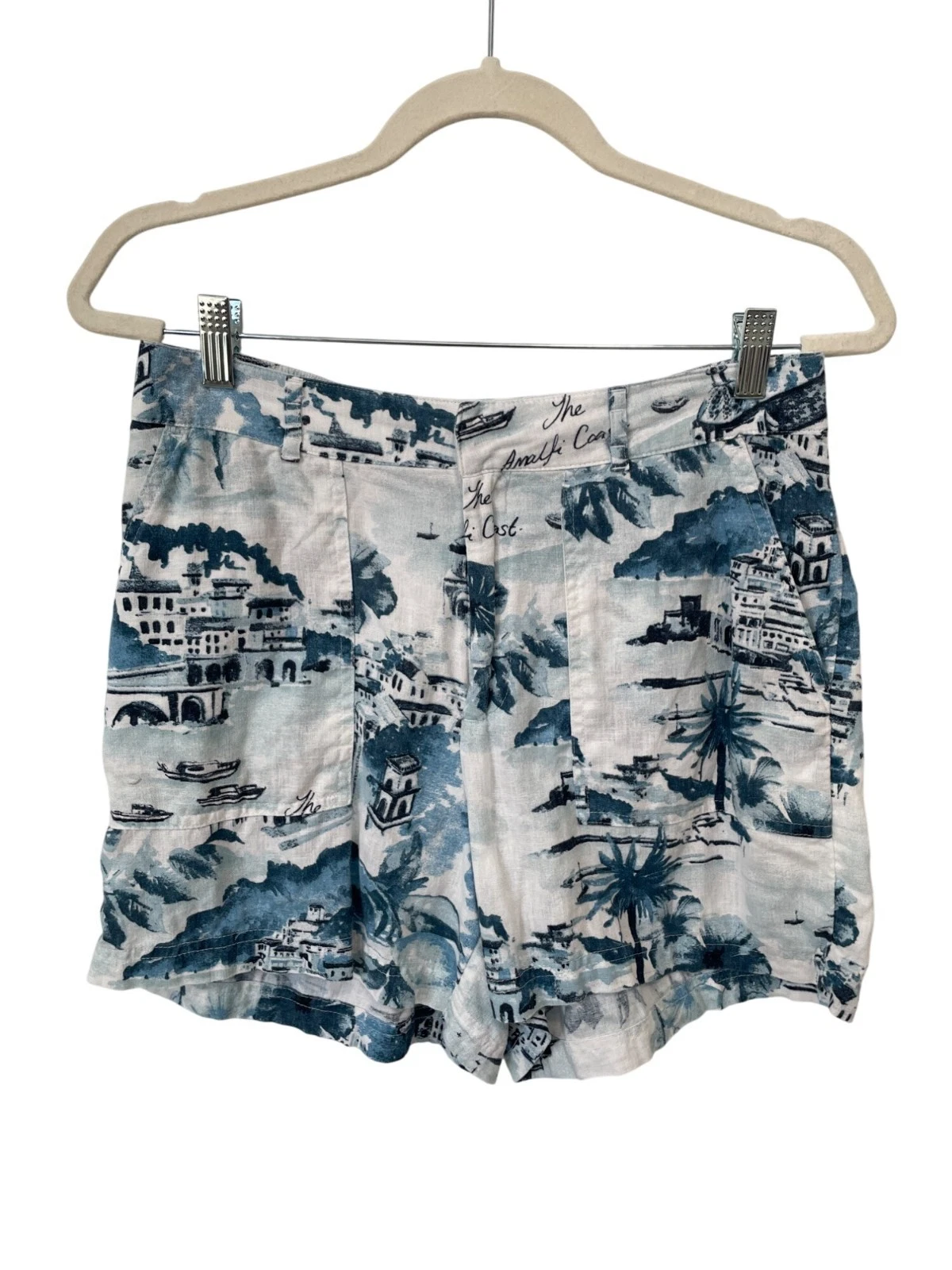 Cynthia Rowley Linen Shorts Size Medium Amalfi Coast Print Shorts Blue Beach