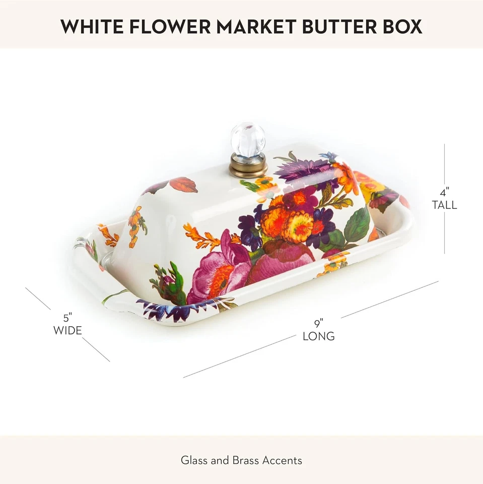 Эмалированная коробка для масла MACKENZIE-CHILDS, милое блюдо с маслом с крышкой, белый цветочный рынок - Изображение 3 из 4