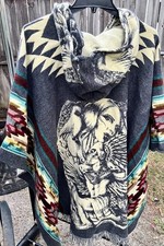 Soft Wool Unisex Hooded Poncho Incan Warrior Bird w Woman Native Made In Ecuador