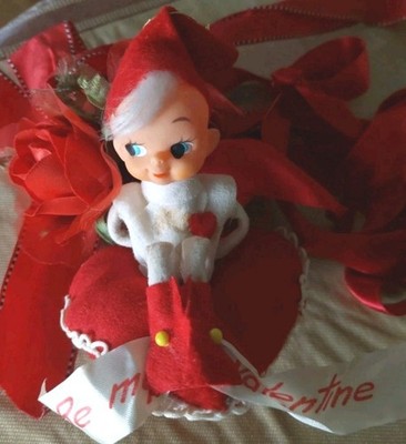 Elf Sits On Heart Pillow Be Mine Satin Ribbon Valentine's Day Ornament Japan Tag