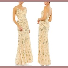 Mac Duggal Sleeveless Beaded Slip Dress Gold Floral Evening Gown Formal Event